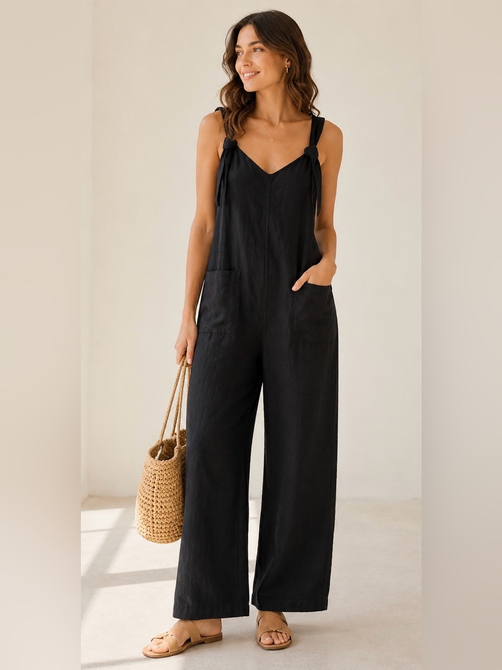 Linen Blend Wide Leg Jumpsuit Black Tie Shoulder Resort Size 38